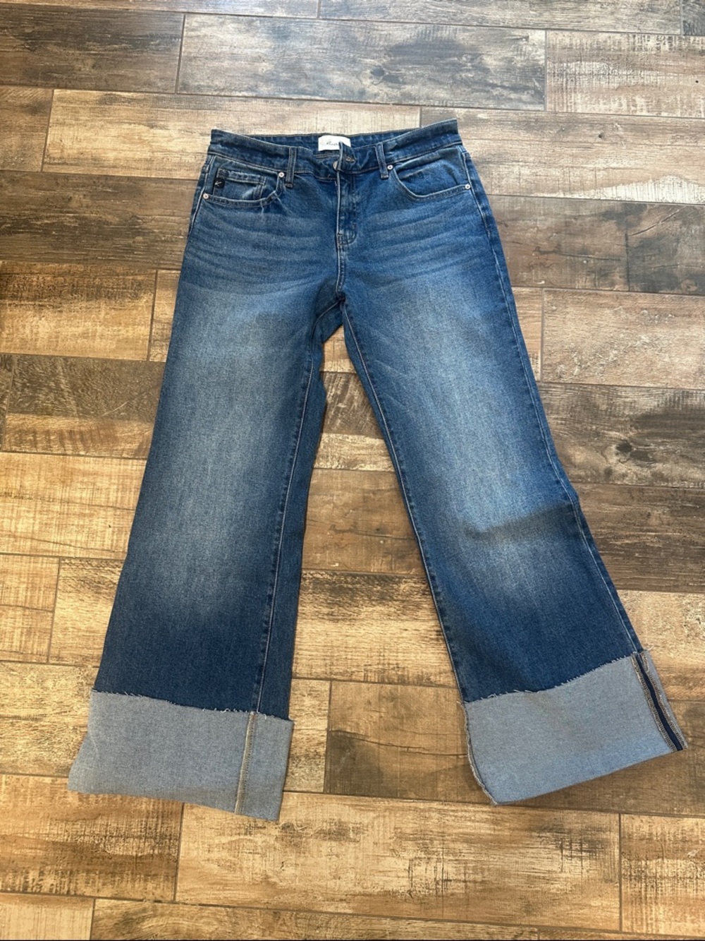 KanCan Dark Blue Wide-Leg Cuffed Jeans